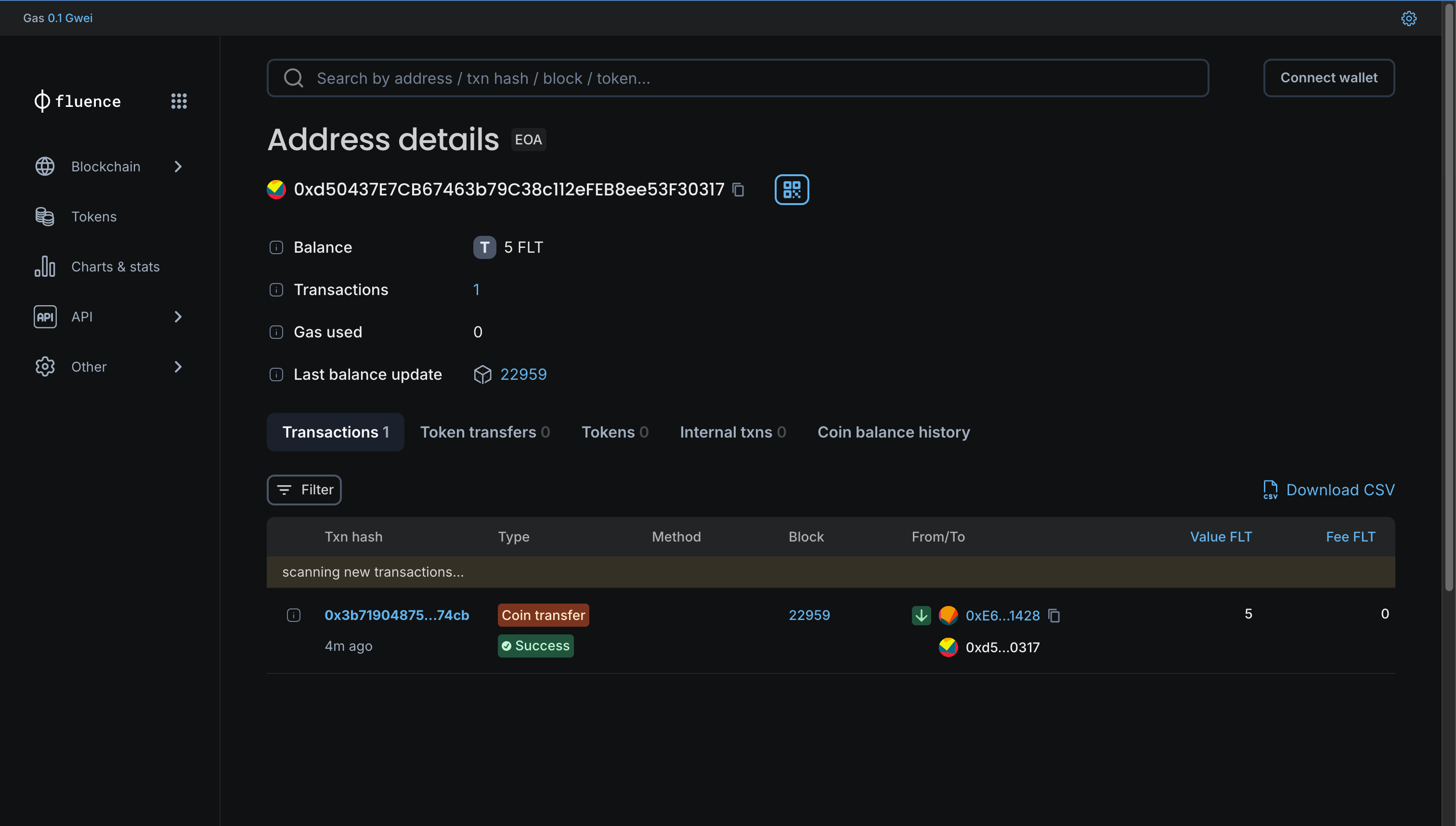 The view of the block scanner with the successful transaction