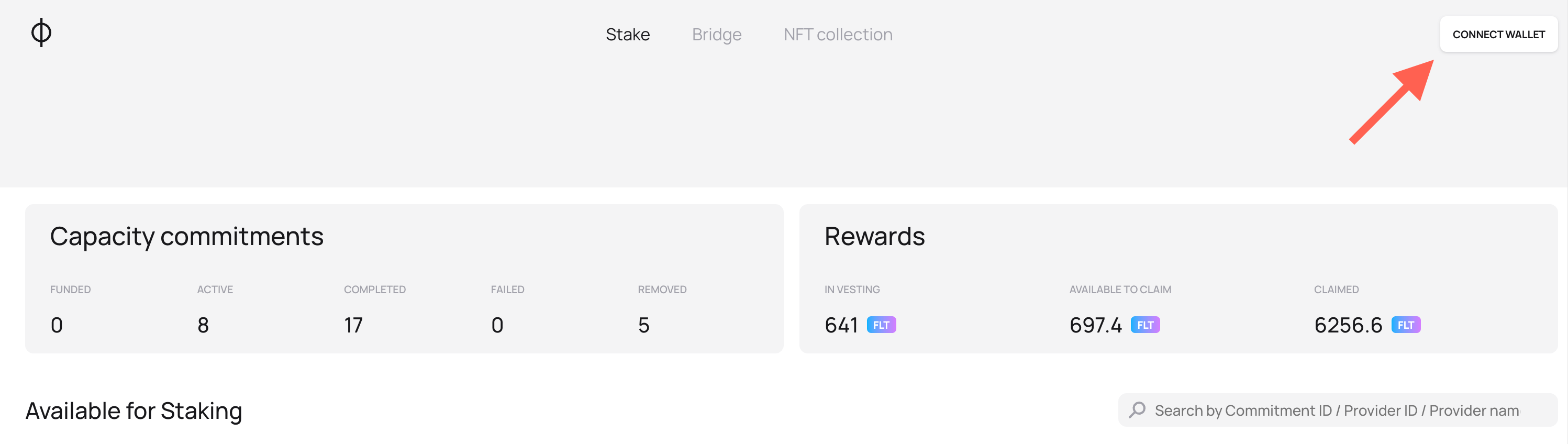 Fluence Staking App view without the wallet connected